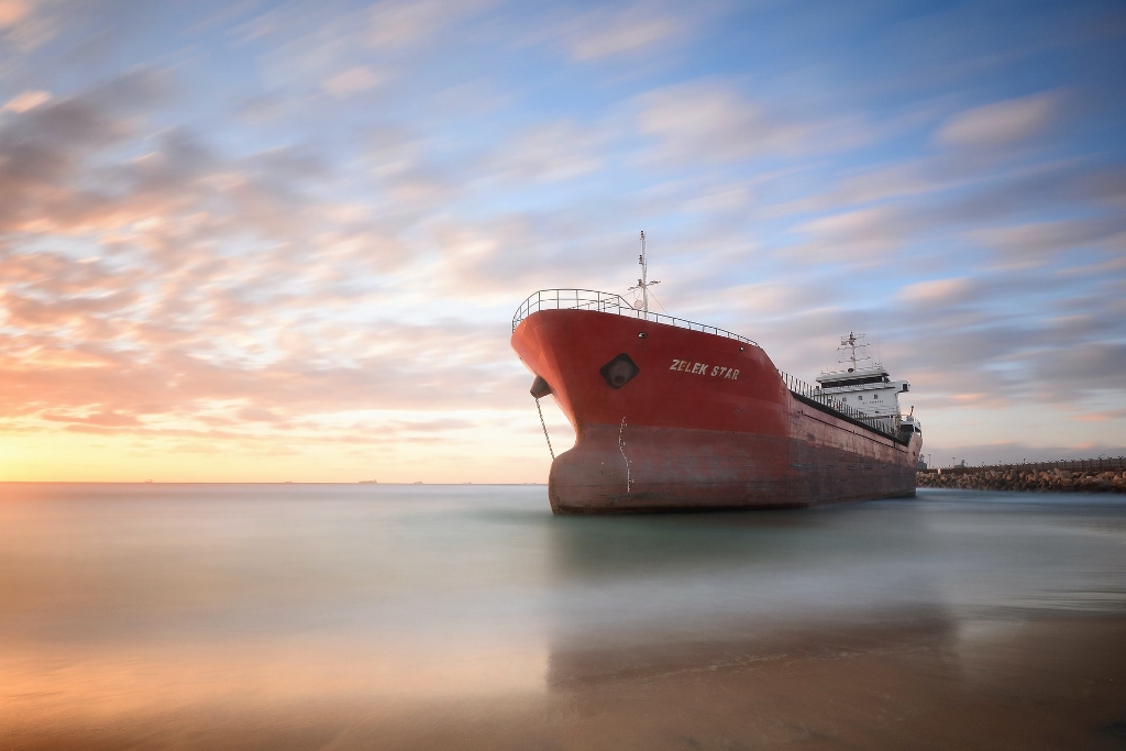 Commercial ship at sunset