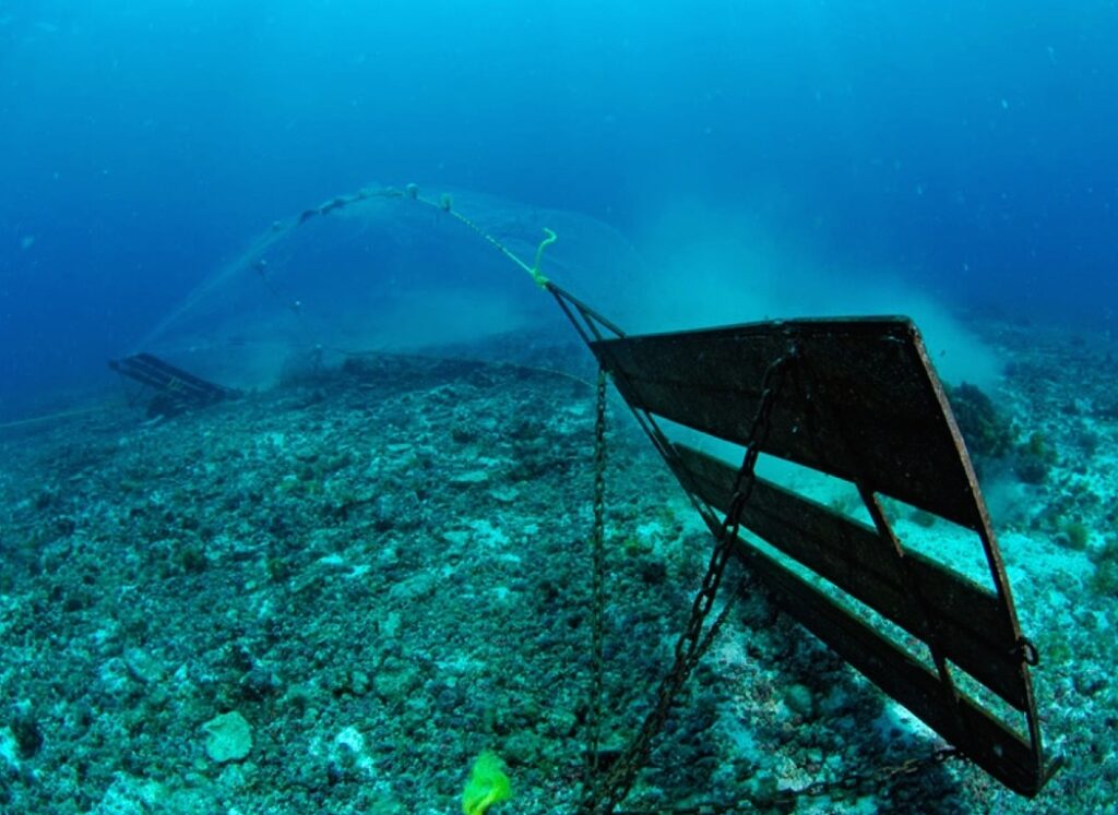 A bottom trawl on the seabed as seen underwater